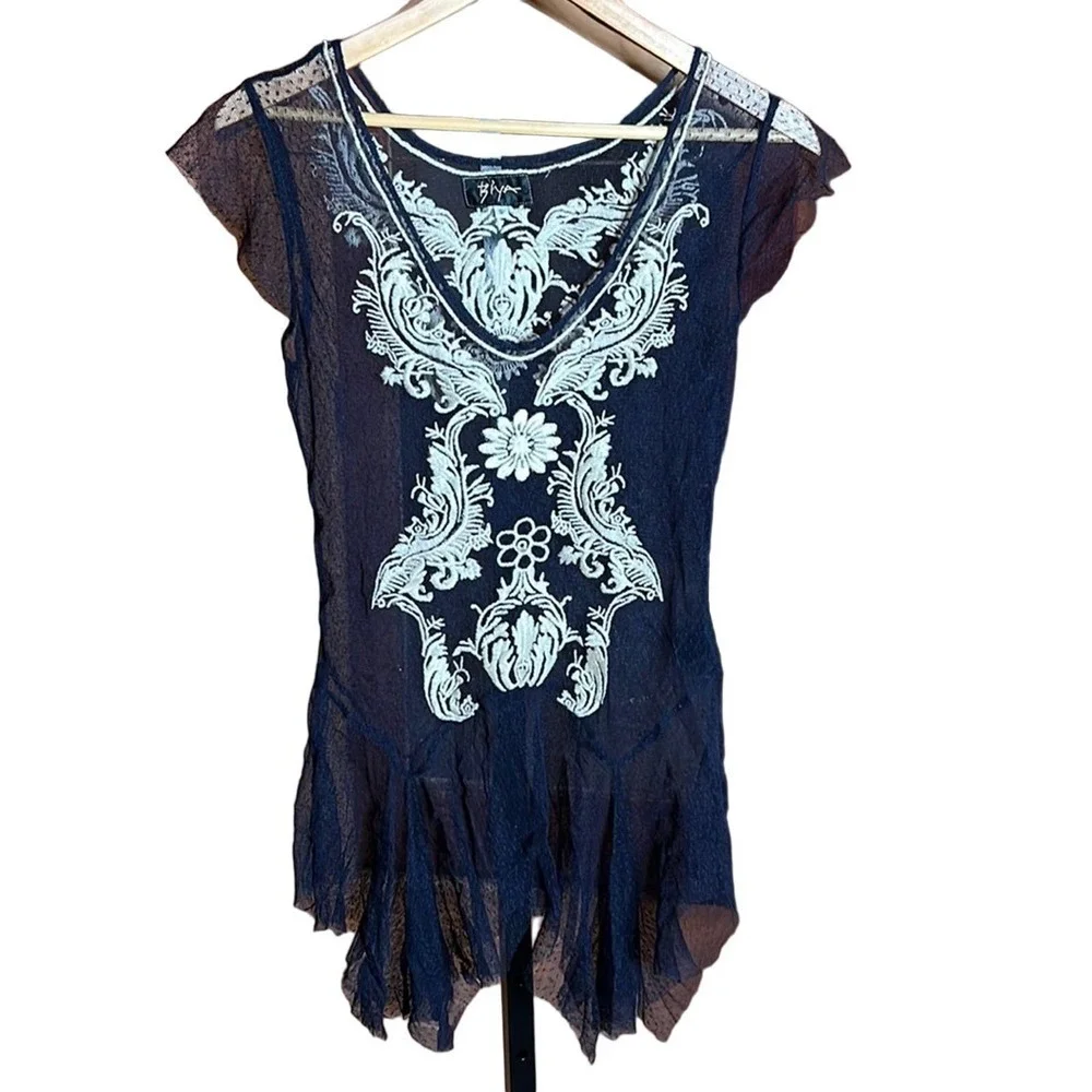 Johnny Was Biya Navy Blue Mesh Embroidered Sheer Dress Size Small